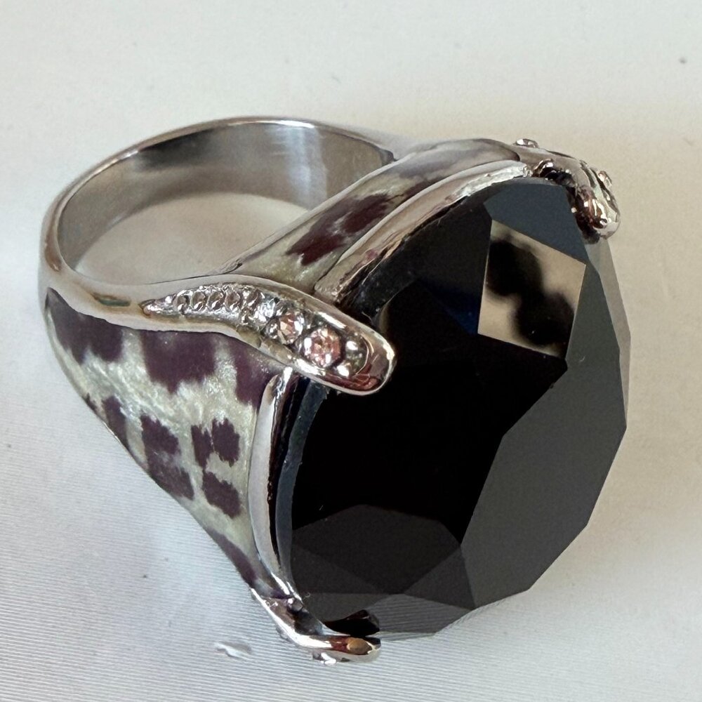 Vintage David Sigal Leopard & Black Crystal Stainless Steel Statement Ring